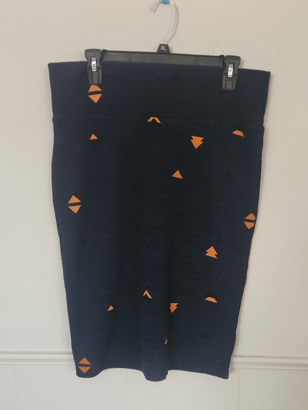 LuLaRoe Navy Pencil Skirt with Orange Triangle Motif